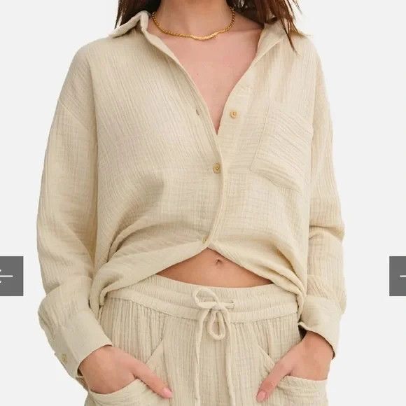 MATE The Label 100% Organic Cotton Gauze Button Down‎ Shirt NATURAL SZ XL NWT - Picture 3 of 10